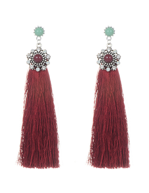 Elegant Claret-red Round Shape Decorated Tassel Earrings