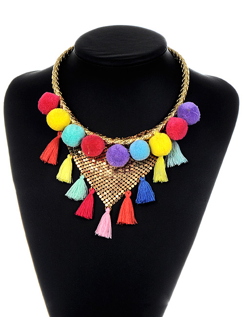 Fashion Multi-color Tassel Decorated Pom Ball Necklace