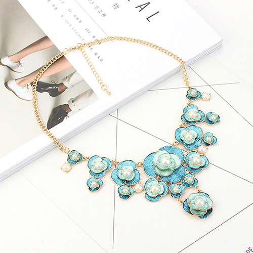 Fashion Blue Flower&pearls Decorated Necklace