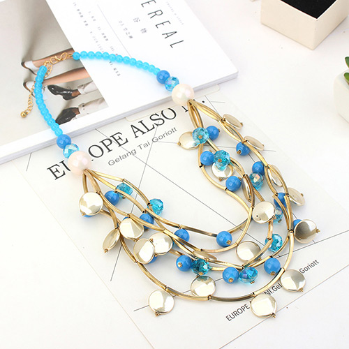 Exaggerated Blue Round Shape&beads Decorated Multi-layer Necklace