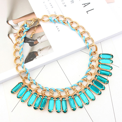 Trendy Green Square Shape Diamond Decorated Pure Color Necklace