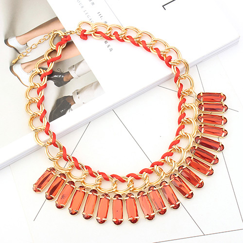 Trendy Red Square Shape Diamond Decorated Pure Color Necklace