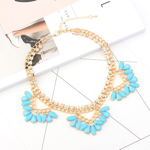 Fashion Blue Oval Shape Diamond Decorated Double Layer Necklace