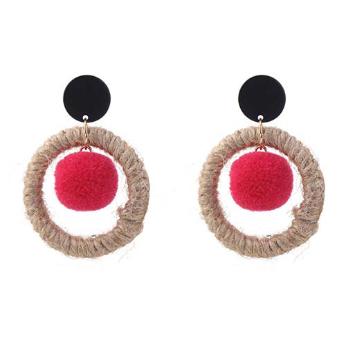 Vintage Red Round Shape Decorated Pom Earrings