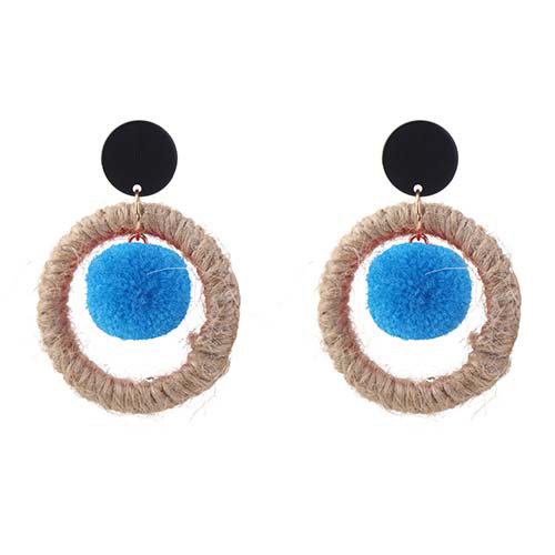 Vintage Blue Round Shape Decorated Pom Earrings