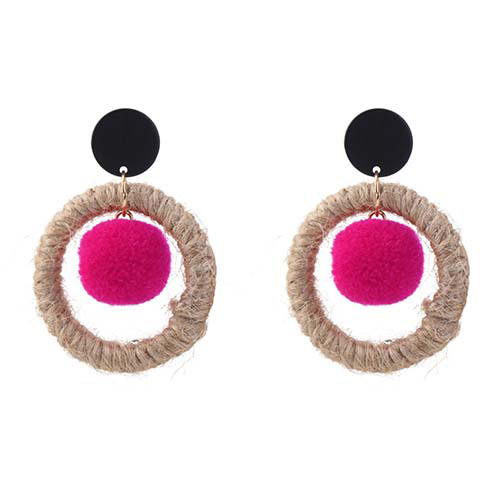 Vintage Plum-red Round Shape Decorated Pom Earrings