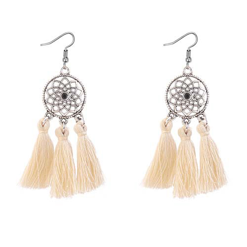 Bohemia Beige Hollow Out Decorated Tassel Earrings