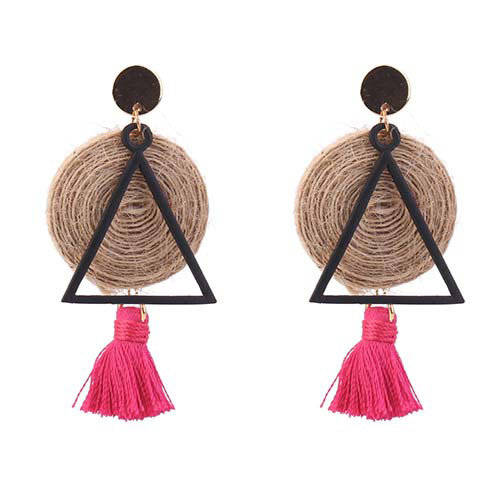 Personality Plum-red Triangle Shape Decorated Tassel Earrings