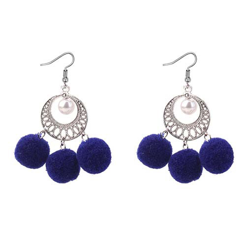 Bohemia Blue Hollow Out Decorated Pom Earrings