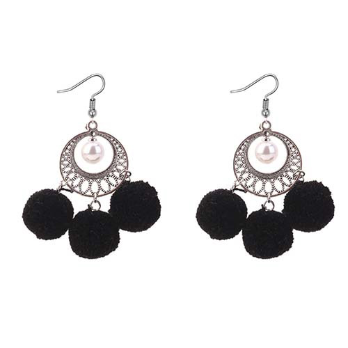 Bohemia Black Hollow Out Decorated Pom Earrings