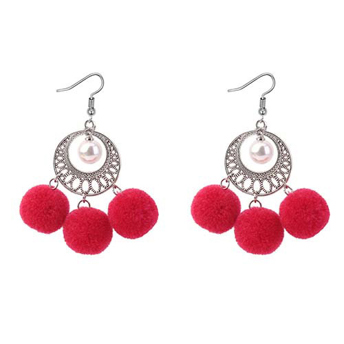 Bohemia Red Hollow Out Decorated Pom Earrings