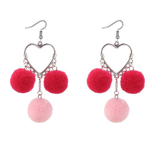 Lovely Red Heart Shape Decorated Pom Earrings
