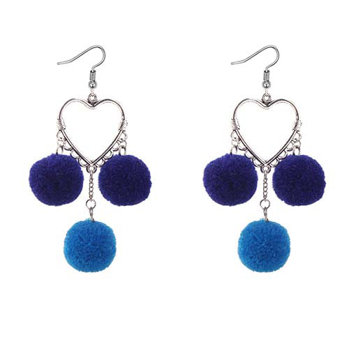 Lovely Blue Heart Shape Decorated Pom Earrings
