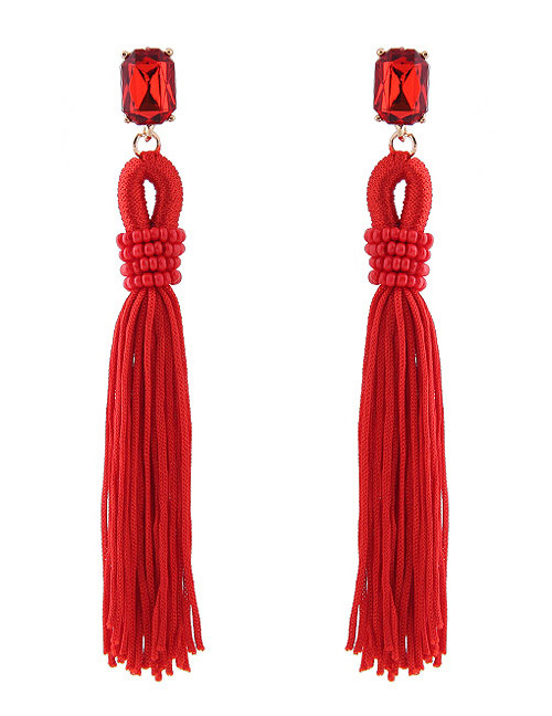 Trendy Red Long Tassel Decorated Pure Color Earrings