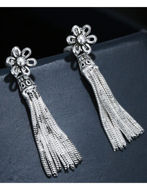 Elegant Silver Color Flower Decorated Tassel Earrings