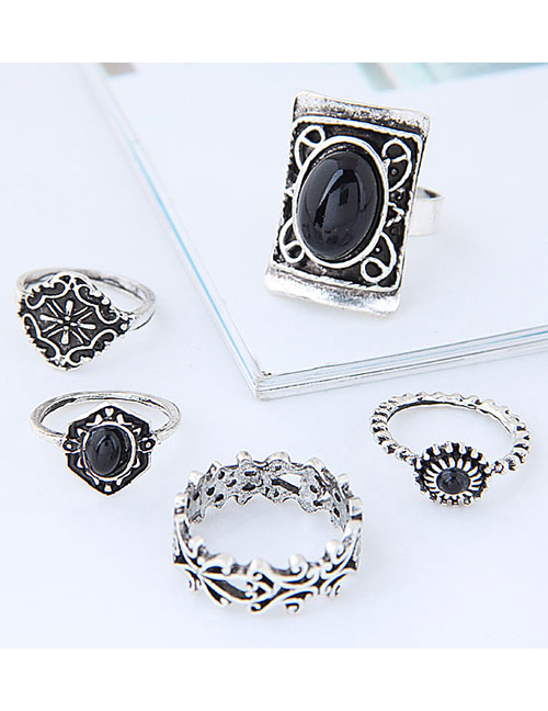Fashion Silver Color+black Shield Shape Decorated Ring (5pcs)