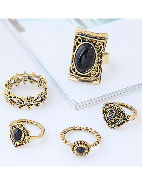 Fashion Gold Color+black Shield Shape Decorated Ring (5pcs)