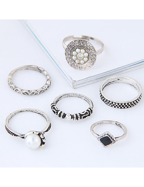 Fashion Silver Color Pearl&diamond Decorated Flower Shape Ring (6pcs)