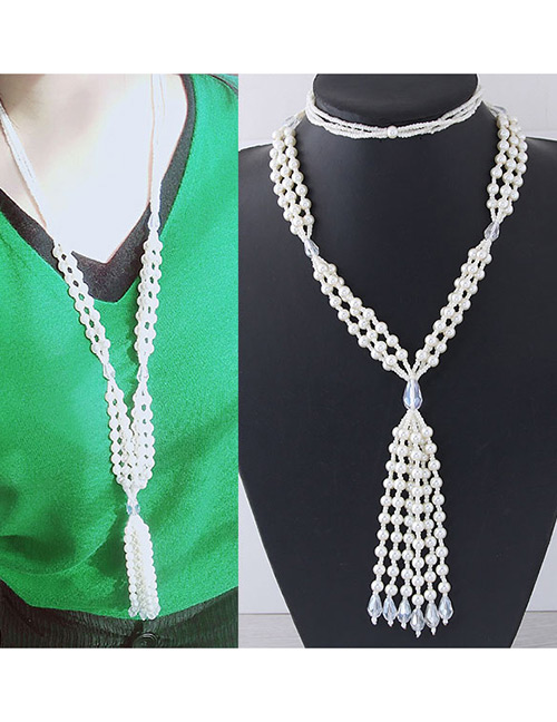 Fashion White Beads Decorated Tassel Design Necklace