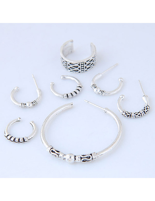 Fashion Antique Silver Round Shape Decorated Pure Color Earrings (7pcs)
