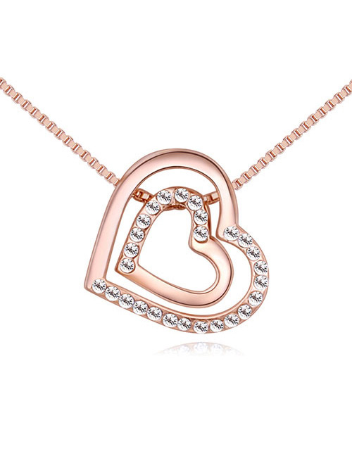 Fashion Rose Gold Double Heart Shape Decorated Necklace