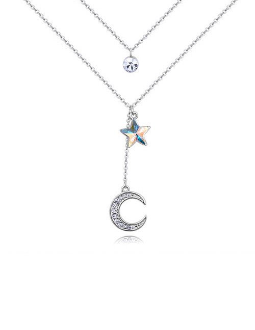 Elegant Multi-color Moon Shape Decorated Double-layer Necklace