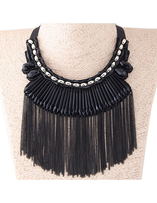 Fashion Black Long Tassel Decorated Simple Necklace