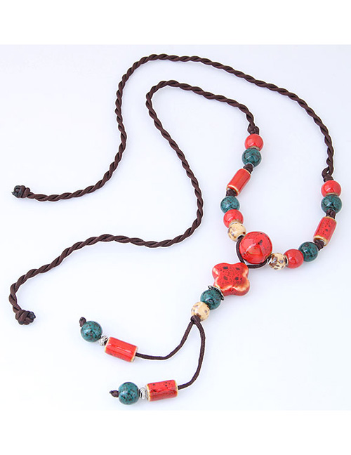 Bohemia Red Flower Decorated Long Necklace