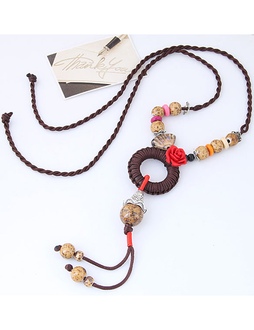 Bohemia Coffee Flower&beads Decorated Hand-woven Necklace