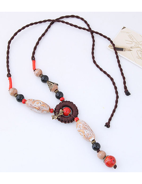 Bohemia Pink+brown Bowknot&beads Decorated Hand-woven Necklace