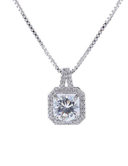 Elegant Silver Color Square Shape Diamond Decorated Necklace