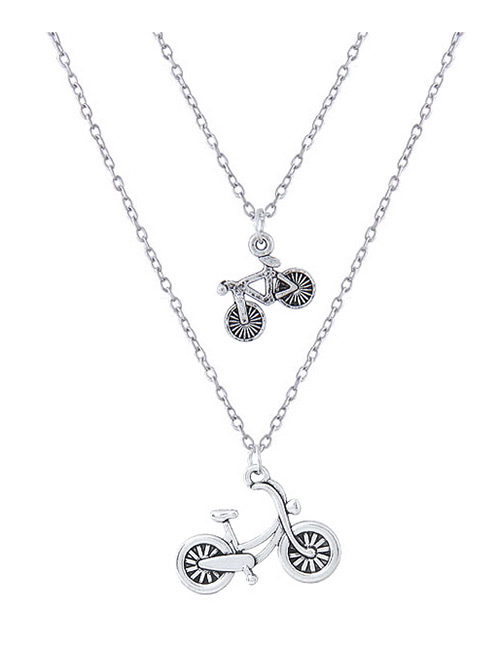 Elegant Silver Color Bicycle Pendant Decorated Double Layer Necklace