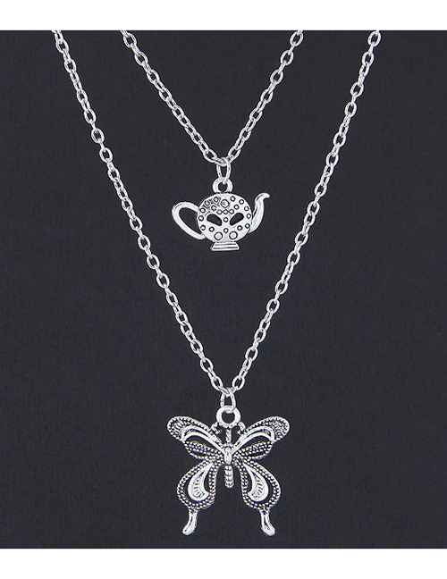Elegant Silver Color Teapot&butterfly Decorated Double Layer Necklace