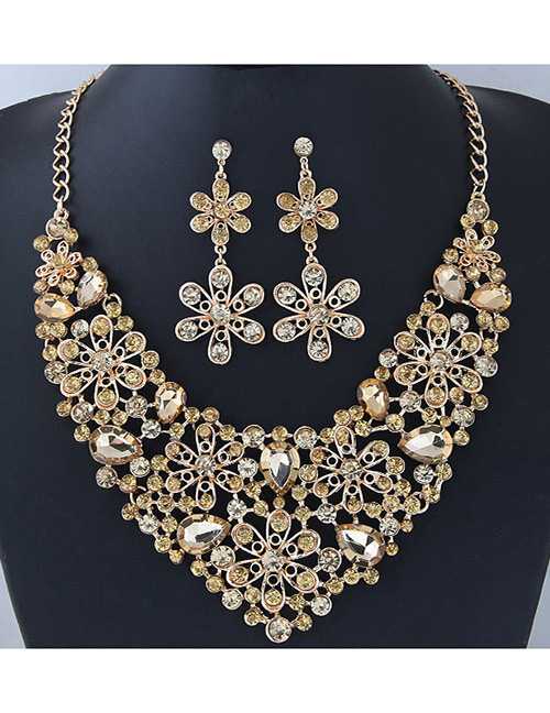 Elegant Champagne Flower Shape Design Hollow Out Jewelry Sets