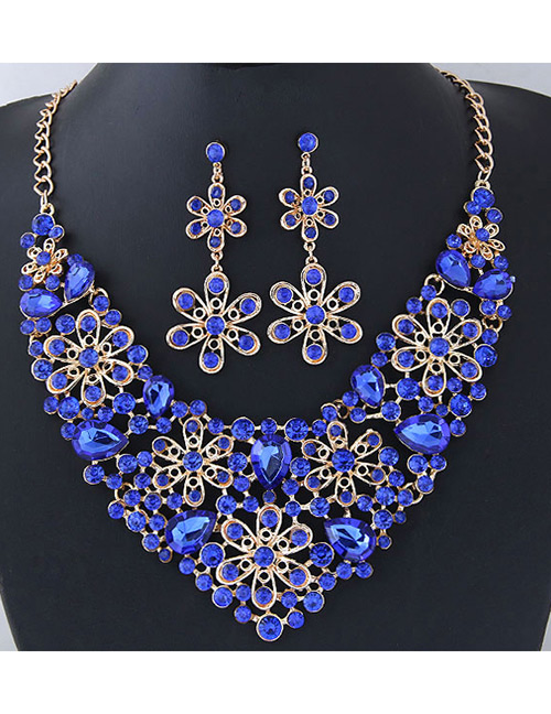 Elegant Sapphire Blue Flower Shape Design Hollow Out Jewelry Sets
