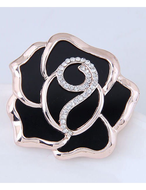 Fashion Gold Color+black Diamond Decorated Flower Shape Brooch