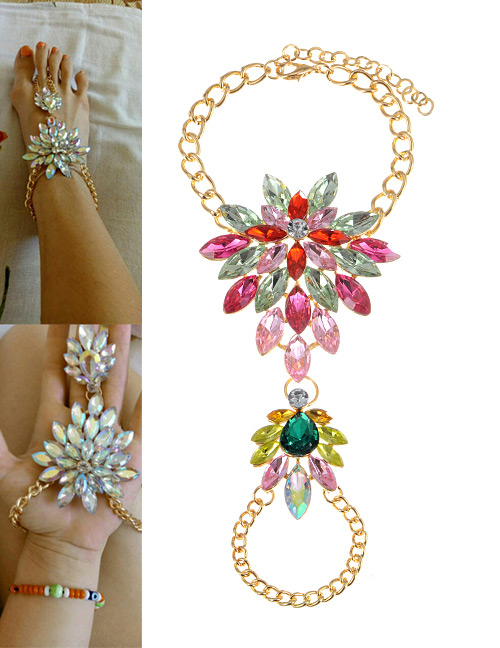 Fashion Pink+green Flower Shape Decorated Anklet