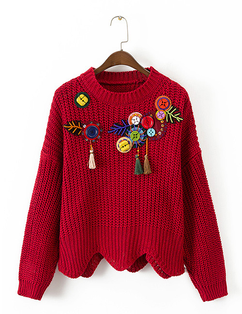 Fashion Red Tassel&button Pattern Decorated Sweater