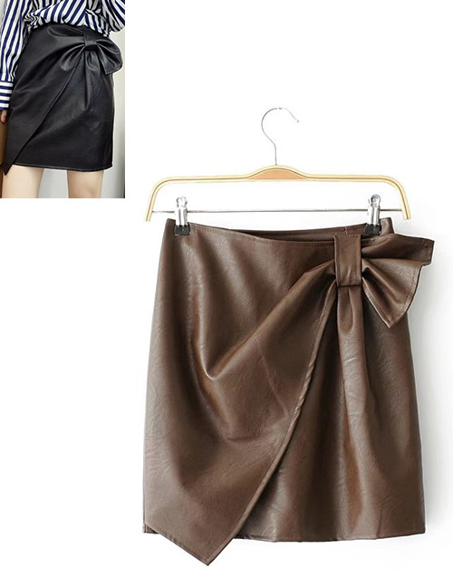 Fashion Coffee Bowknot Decorated Pure Color Skirt