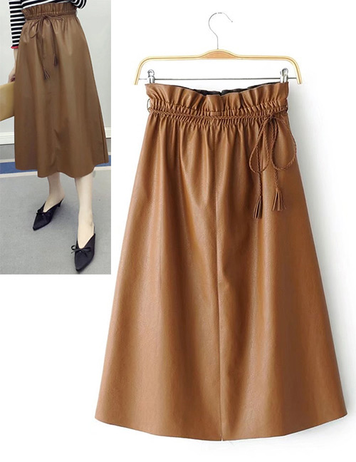 Fashion Brown Pure Color Decorated A Shape Pendulum Skirt
