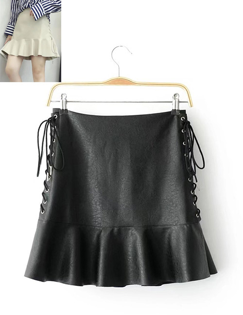 Fashion Black Pure Color Decorated Bandage Design Skirt