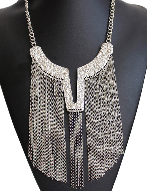Fashion Silver Color Long Tassel Decorated Pure Olor Necklace