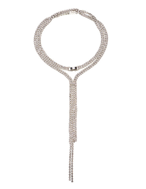 Trendy Silver Color Full Diamond Decorated Long Tassel Choker