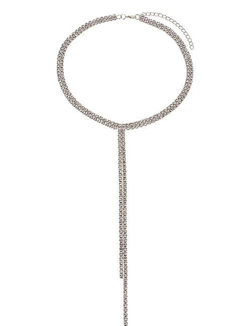 Fashion Silver Color Full Diamond Decorated Long Tassel Choker