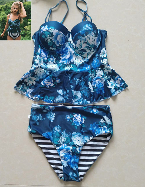 Sexy Blue Flower Pattern Decorated Split Bikini