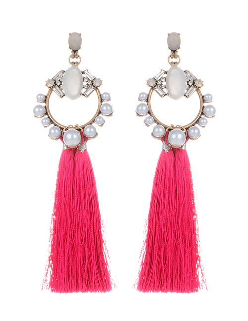 Fashion Plum Red Pearls&diamond Decorated Tassel Earrings