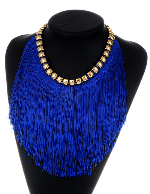 Fashion Sapphire Blue Long Tassel Decorated Simple Necklace