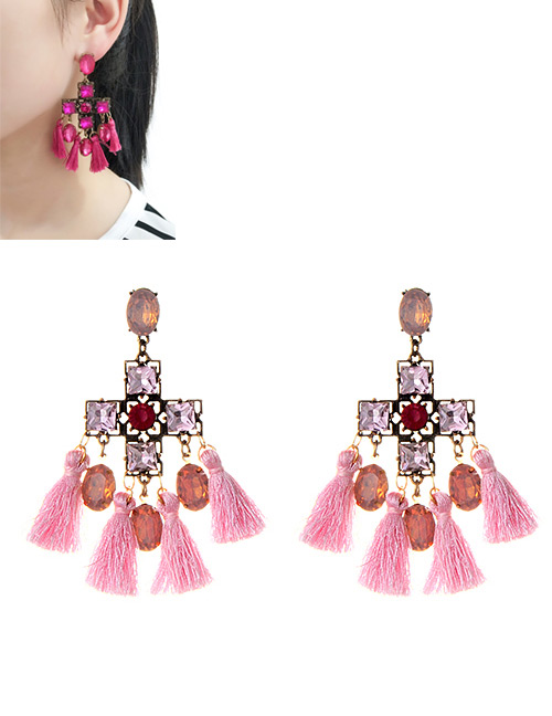 Elegant Pink Square Diamond Decorated Tassel Earrings