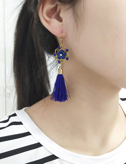 Retro Sapphire Blue Pure Color Decorated Tassel Earrings