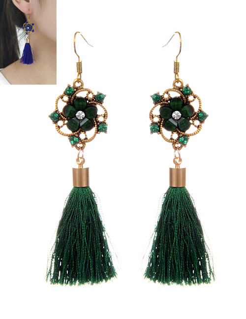 Retro Green Pure Color Decorated Tassel Earrings